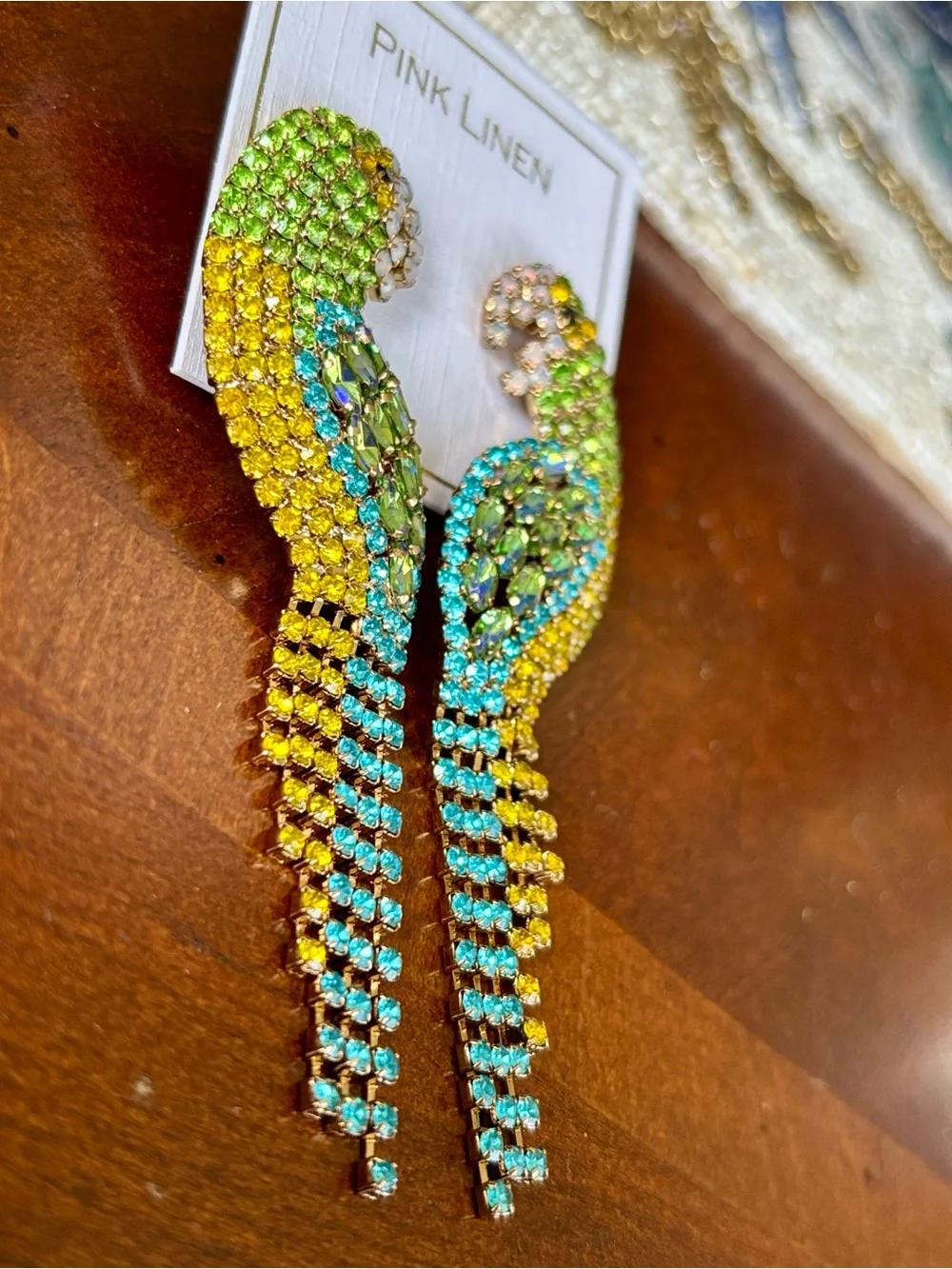 Pink Linen Tropical Parrot Rhinestone Statement Fringe Drop Earrings Summer Bird